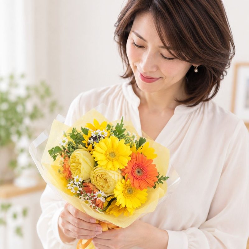 ガーベラの花束を受け取って、ほほえむ女性