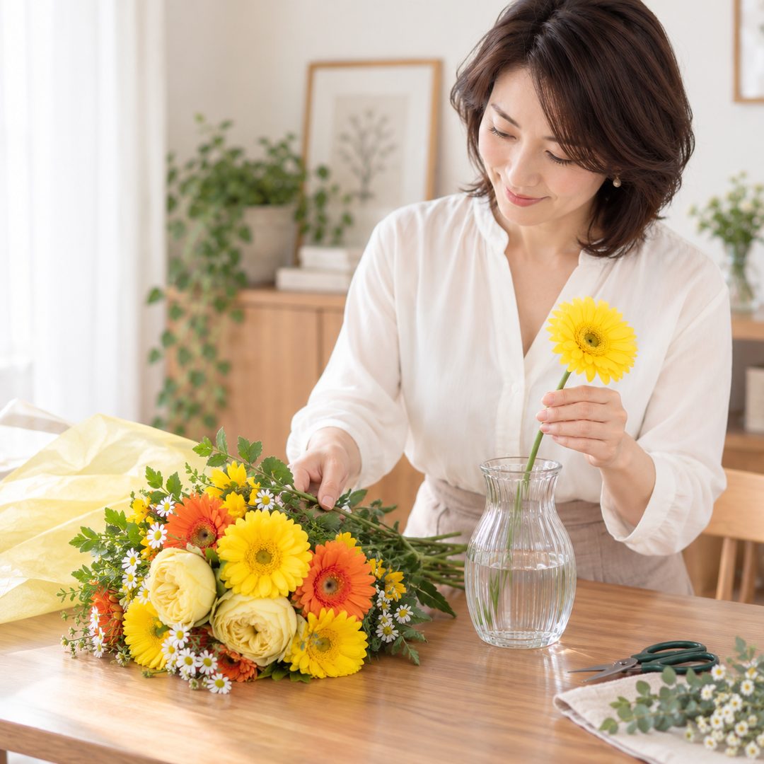 届いたガーベラを花瓶に生ける女性