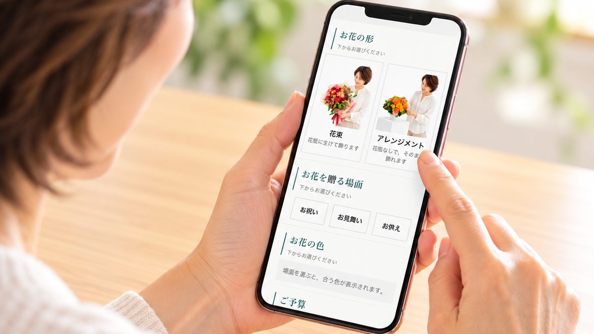 スマートフォンでかんたん注文のページを見ながら、お花を選ぶ女性