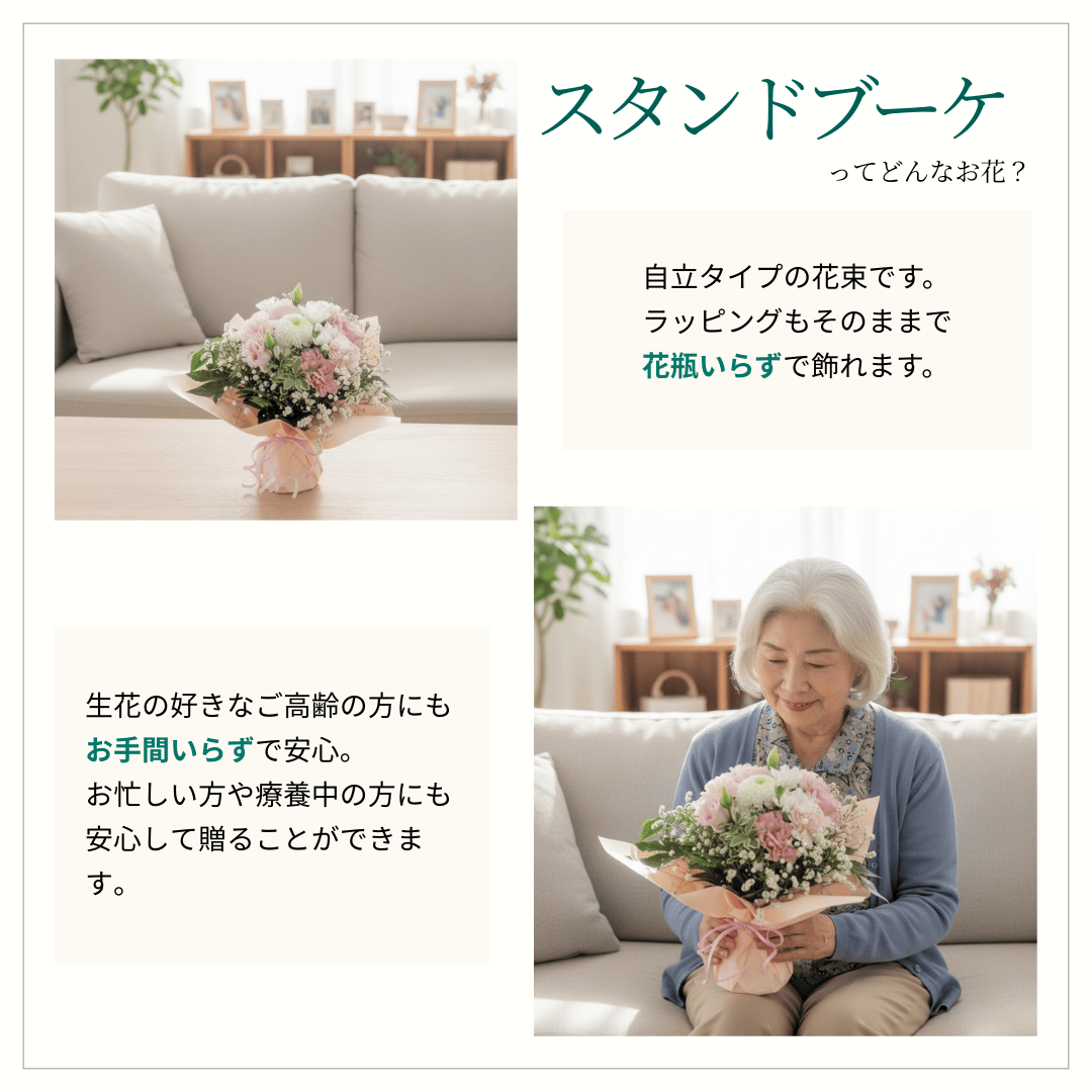 誕生日・記念日・お祝いに、そのまま飾れる花束　スタンドブーケ「ウィッシュ」 