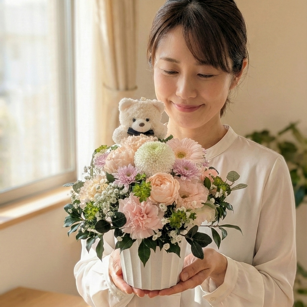 可愛いフラワーギフト「ママン」。お祝いの花、お供え花、お見舞いとしてもおすすめのフラワーギフトです。 