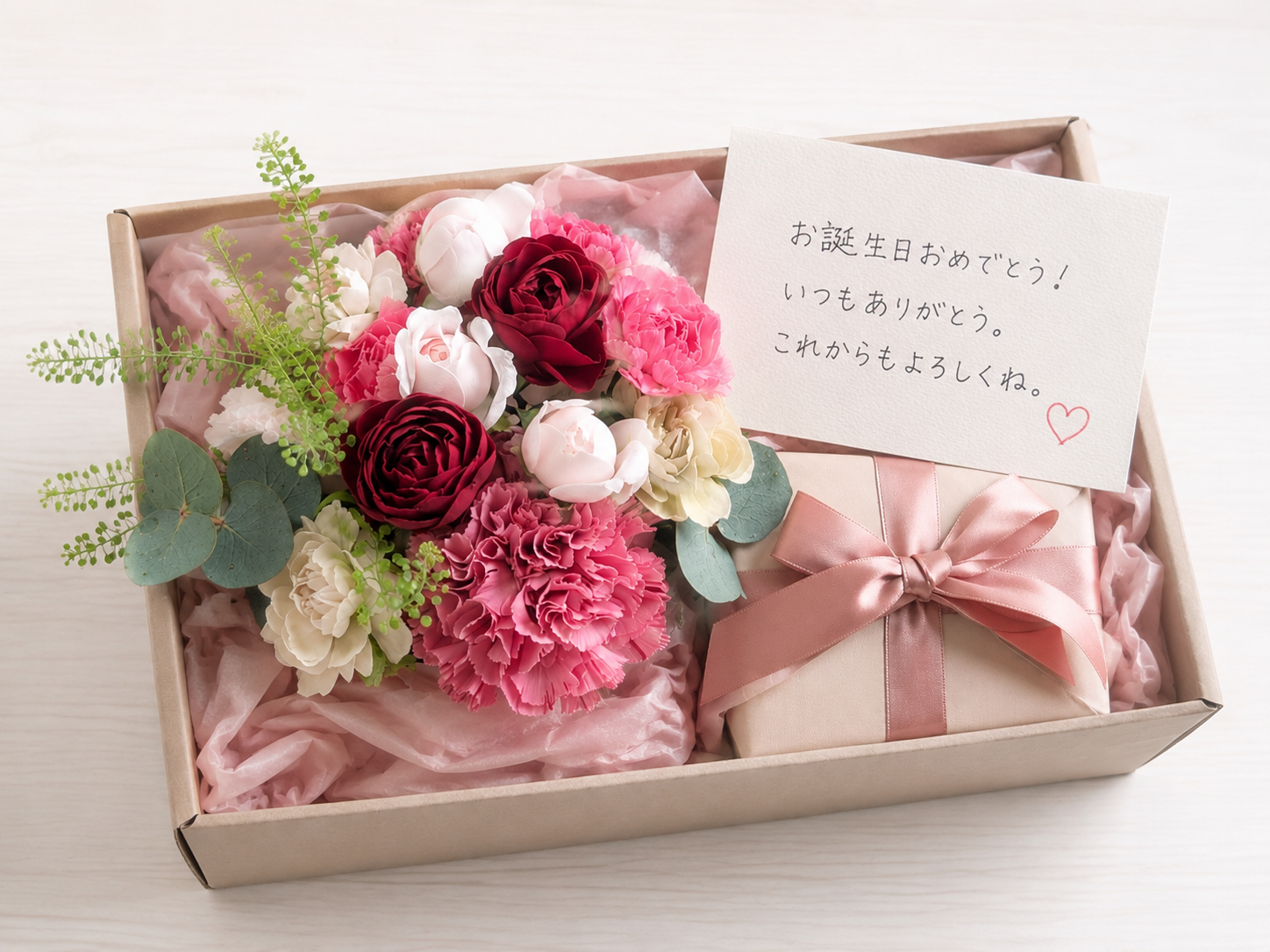 お花と一緒に手紙やギフトを同梱した完成イメージ