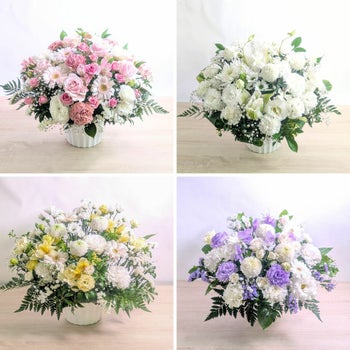 一周忌の花・1回忌のお供え花。家族や友人の忌明け法要、実家に贈るお供え用のアレンジメント