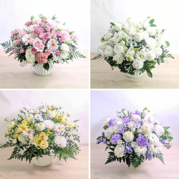 一周忌の花・1回忌のお供え花。家族や友人の忌明け法要、実家に贈るお供え用のアレンジメント