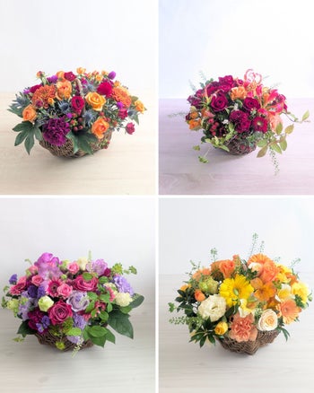 お花のバスケット・フラワーギフト。生花のアレンジメント。喜ばれるおしゃれな花ギフト