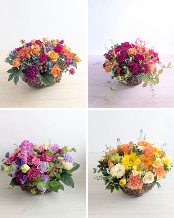お花のバスケット・フラワーギフト。生花のアレンジメント。喜ばれるおしゃれな花ギフト