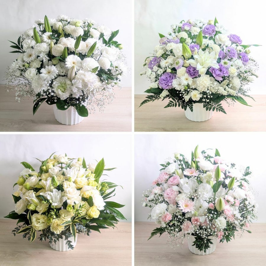 いつでも贈れるお供えの花。急な訃報、命日、一周忌、三回忌に送る生花、お供えアレンジメント