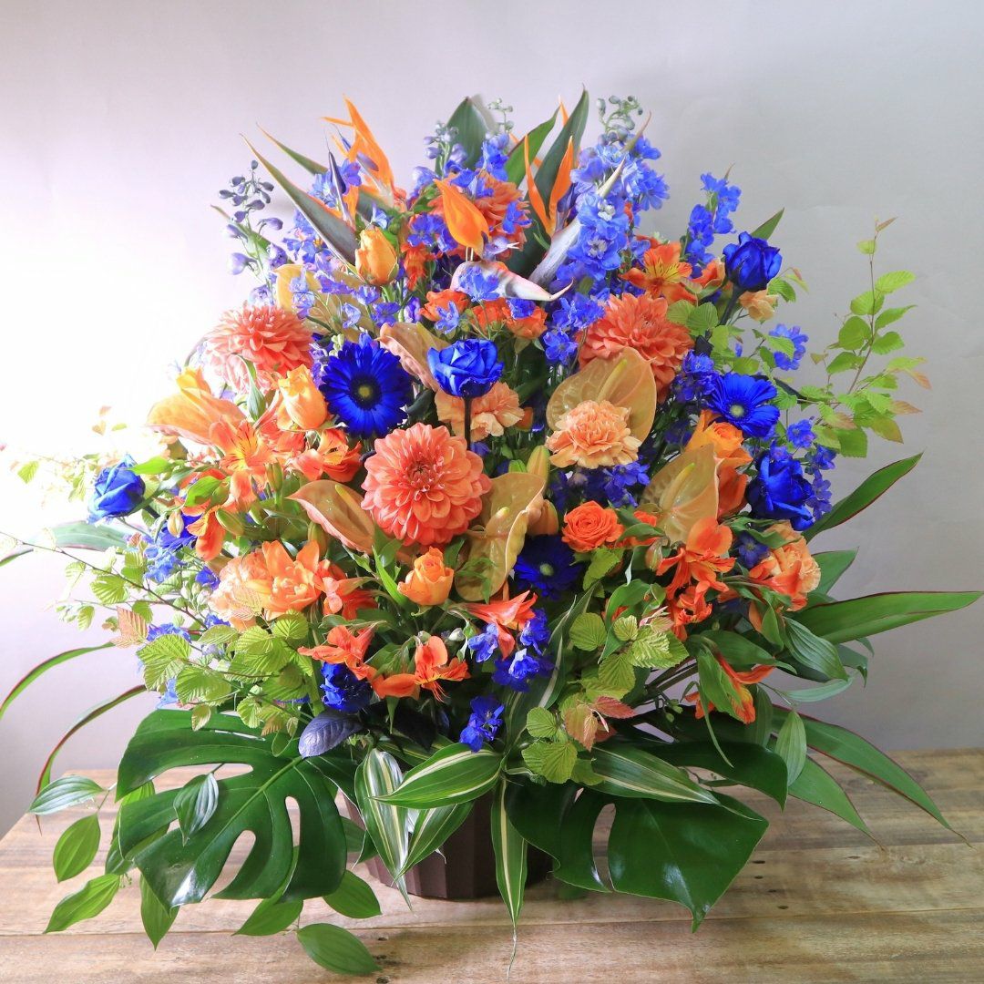 ③オレンジの花と青い蝶の掛軸 レビューを書く - 青オレンジのアレンジメント 花ギフト 5Lサイズ