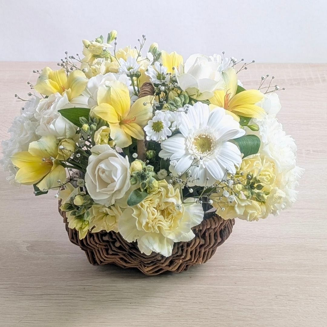 【おまとめ】バスケットアレンジ☘ホワイト　Mサイズ 開店祝い・オープン祝いの花 バスケットアレンジメントM｜9,800円｜花以想