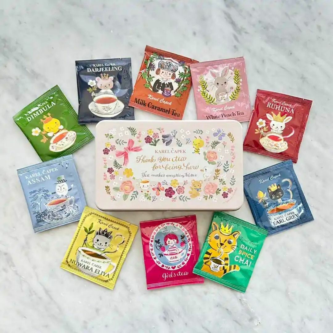 【かわいい紅茶とお花ギフト】 お花のバスケットS with カレルチャペック紅茶セット「サンクス」(ティーバッグ10p)