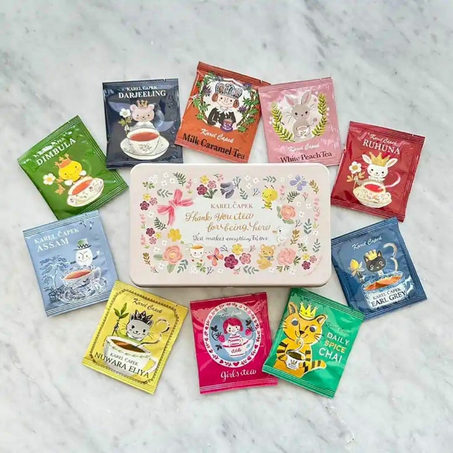 【かわいい紅茶とお花ギフト】 お花のバスケットS with カレルチャペック紅茶セット「サンクス」(ティーバッグ10p)